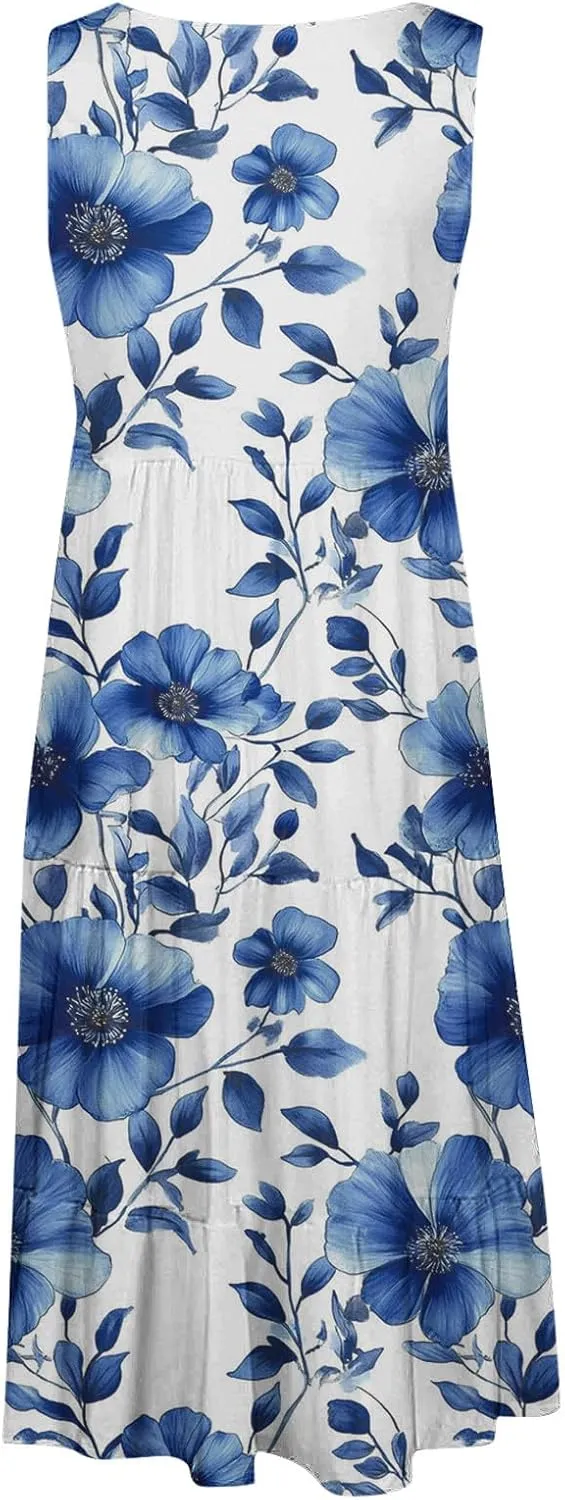 Sleeveless Beach Dresses for Women Loose Swimsuit Cover Ups Vacation Dresses Floral Swing Mini Dress Casual Dresses