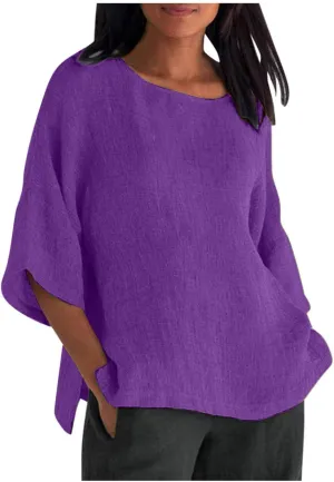 SMIDOW Womens Summer Tops 2023 Plus Size Cotton Linen Shirts Loose Fit 3/4 Sleeve Crewneck Blouses Dressy Casual