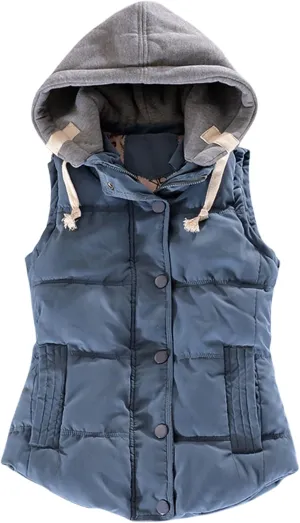 Smoneyful Puffer Vest Women with Hood Sleeveless Quilted Removable Hooded Winter Puffer Vest Thicked Warm Coats Down Jackets
