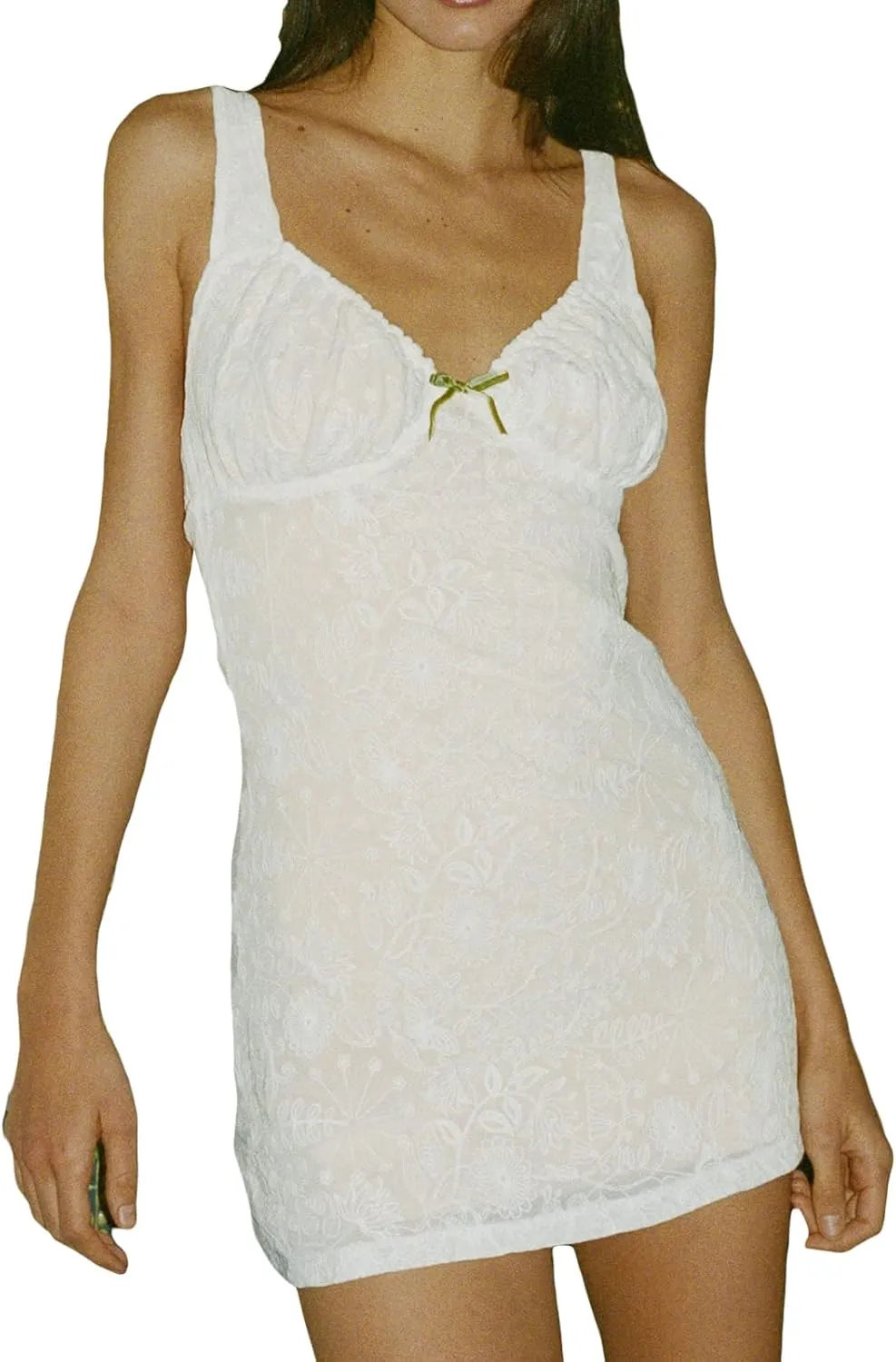 SOLILOQUY Women Lace Satin Slip Mini Dress Sexy Spaghetti Strap Frill Bust A-line Short Dress Y2K Party Nightwear