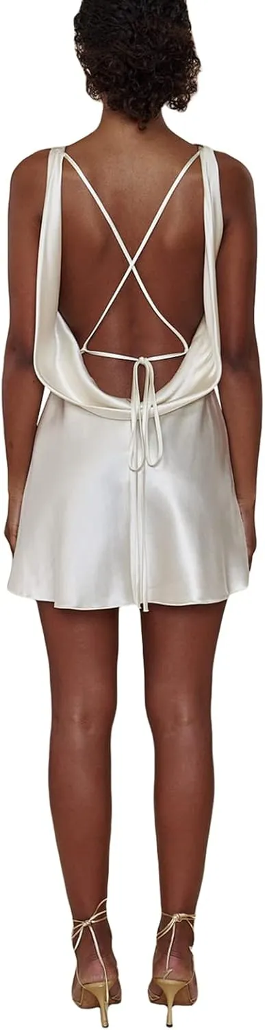 SOLILOQUY Women Lace Satin Slip Mini Dress Sexy Spaghetti Strap Frill Bust A-line Short Dress Y2K Party Nightwear