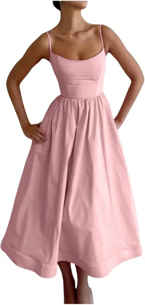Spaghetti Strap Dresses for Women Square Neck Corset Dress Backless Flowy A Line Casual Summer Long Midi Sundress