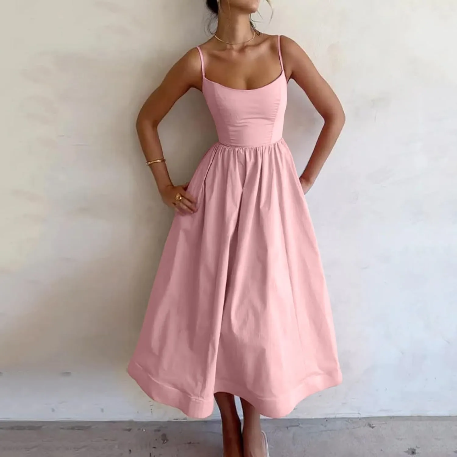 Spaghetti Strap Dresses for Women Square Neck Corset Dress Backless Flowy A Line Casual Summer Long Midi Sundress
