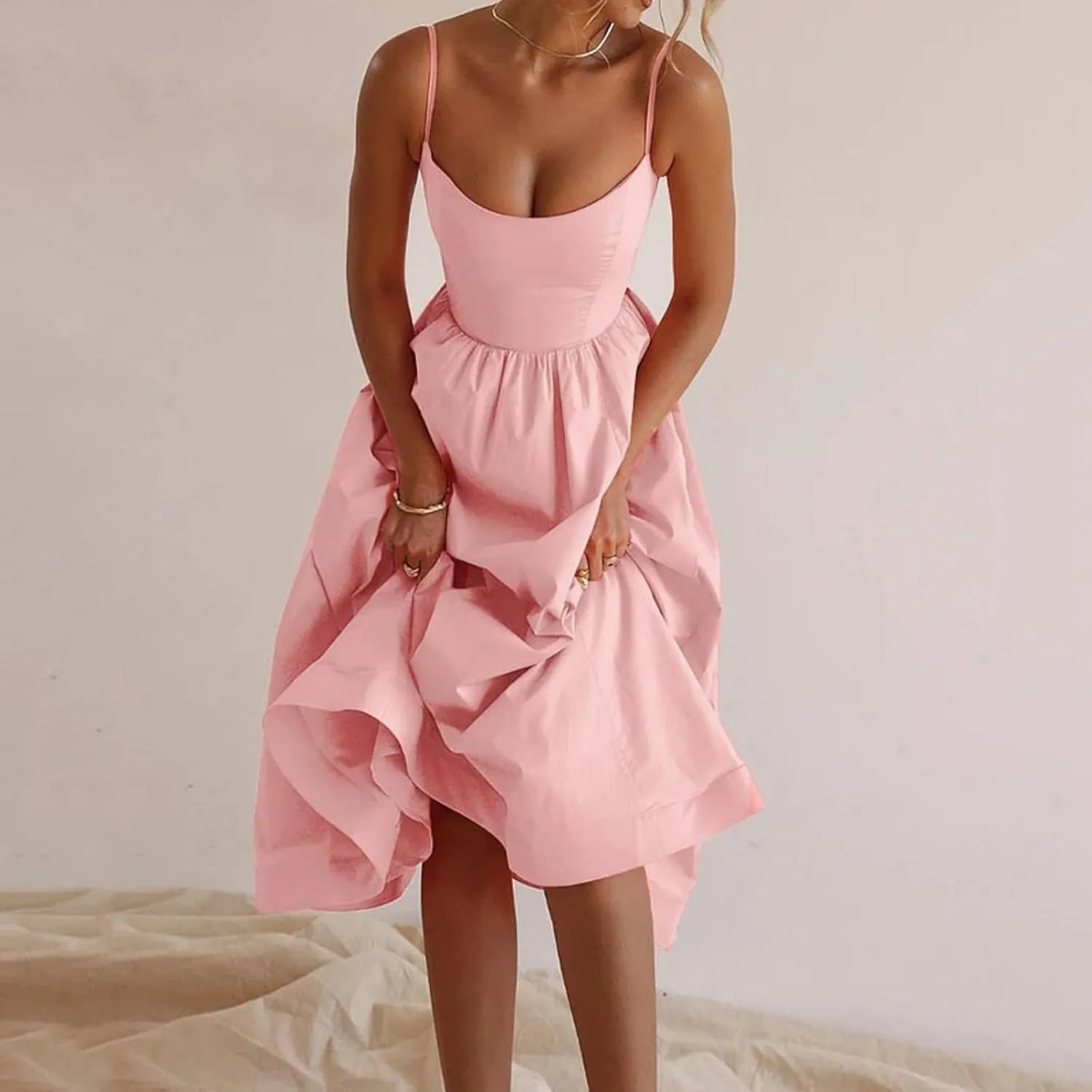 Spaghetti Strap Dresses for Women Square Neck Corset Dress Backless Flowy A Line Casual Summer Long Midi Sundress