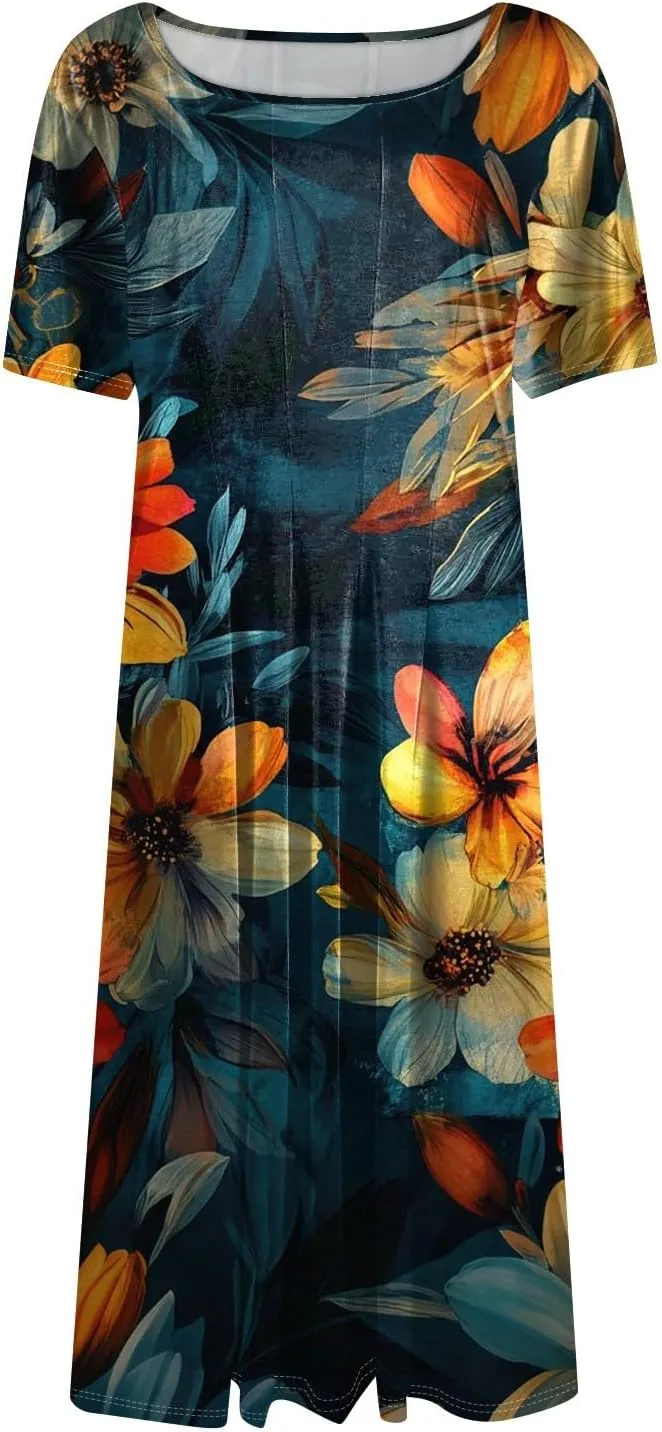 Spring Dresses for Women 2025 Casual Crewneck Print Dress Basic Beach Vacation Short Sleeves Dresses Loose Outfits