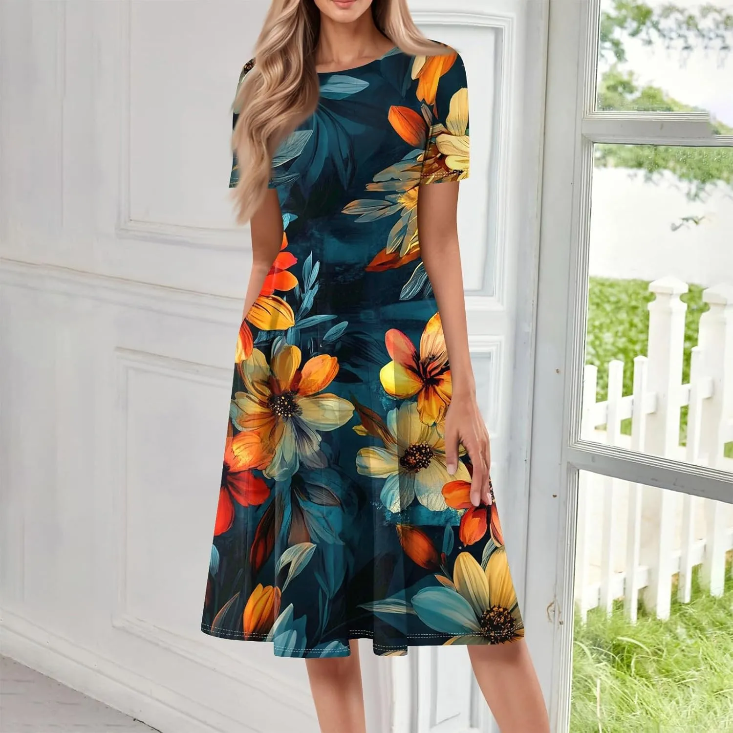 Spring Dresses for Women 2025 Casual Crewneck Print Dress Basic Beach Vacation Short Sleeves Dresses Loose Outfits