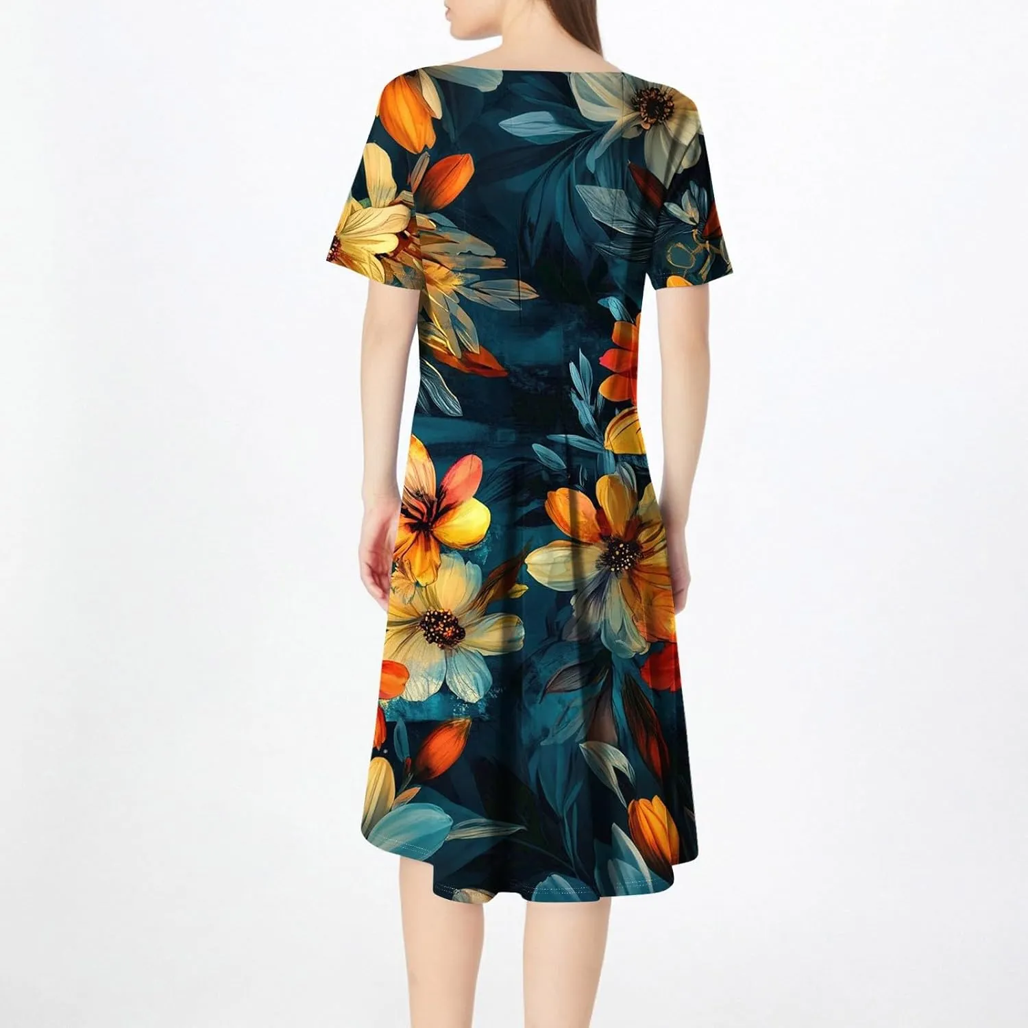 Spring Dresses for Women 2025 Casual Crewneck Print Dress Basic Beach Vacation Short Sleeves Dresses Loose Outfits