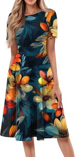 Spring Dresses for Women 2025 Casual Crewneck Print Dress Basic Beach Vacation Short Sleeves Dresses Loose Outfits