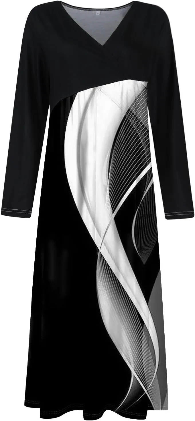 Spring Dresses for Women 2025 Long Sleeve Midi V Neck Cute Ladies Elegant Vacation Cruise Curvy Dress