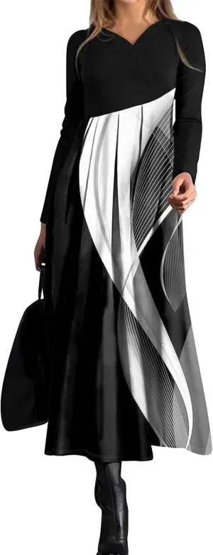 Spring Dresses for Women 2025 Long Sleeve Midi V Neck Cute Ladies Elegant Vacation Cruise Curvy Dress