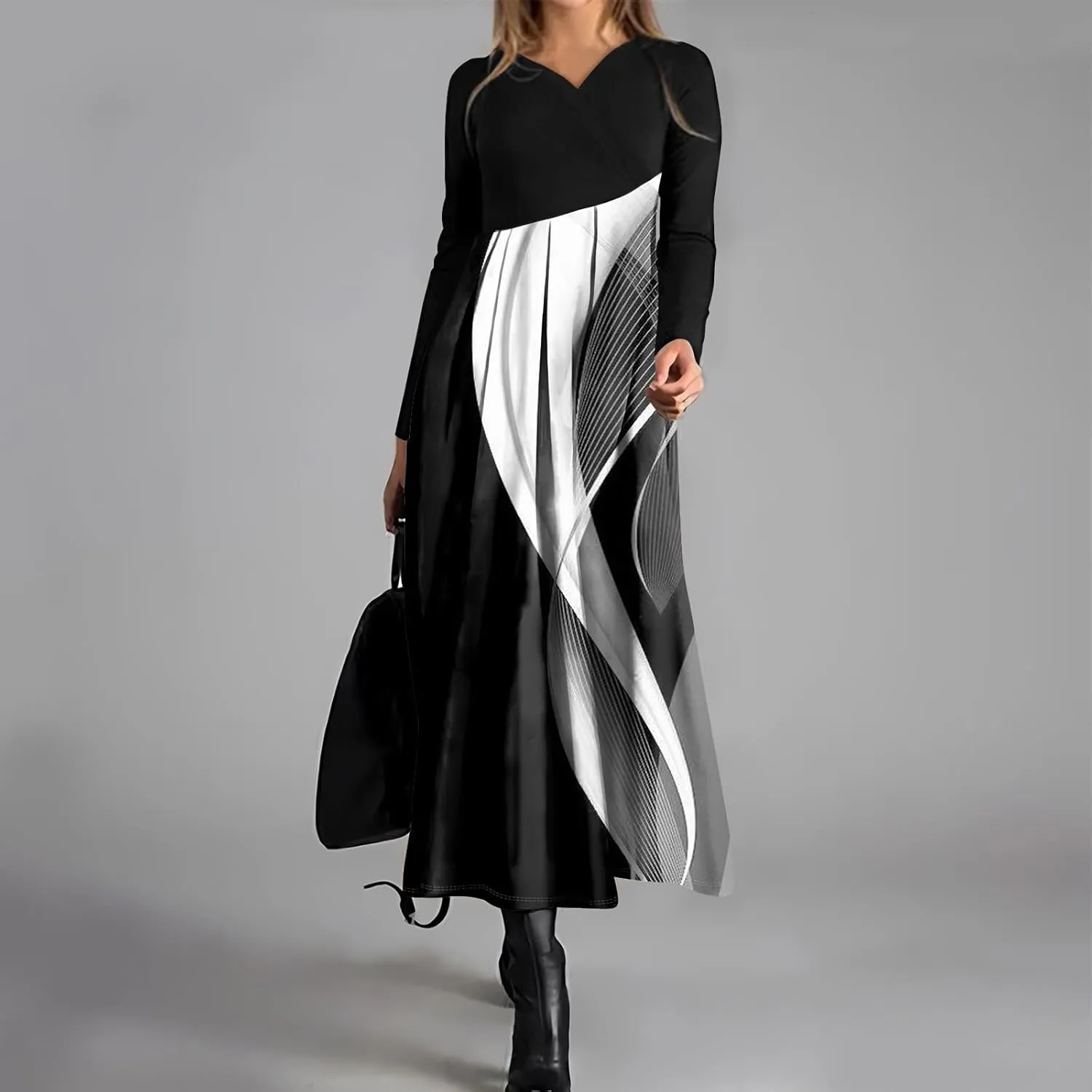 Spring Dresses for Women 2025 Long Sleeve Midi V Neck Cute Ladies Elegant Vacation Cruise Curvy Dress