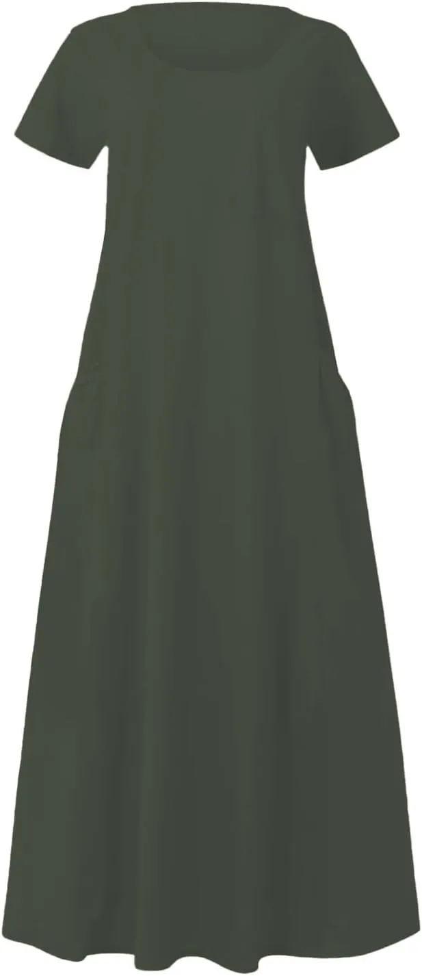 Spring Dresses for Women 2025 Solid Color Sleeveless Loose Linen Dress with Side Pockets