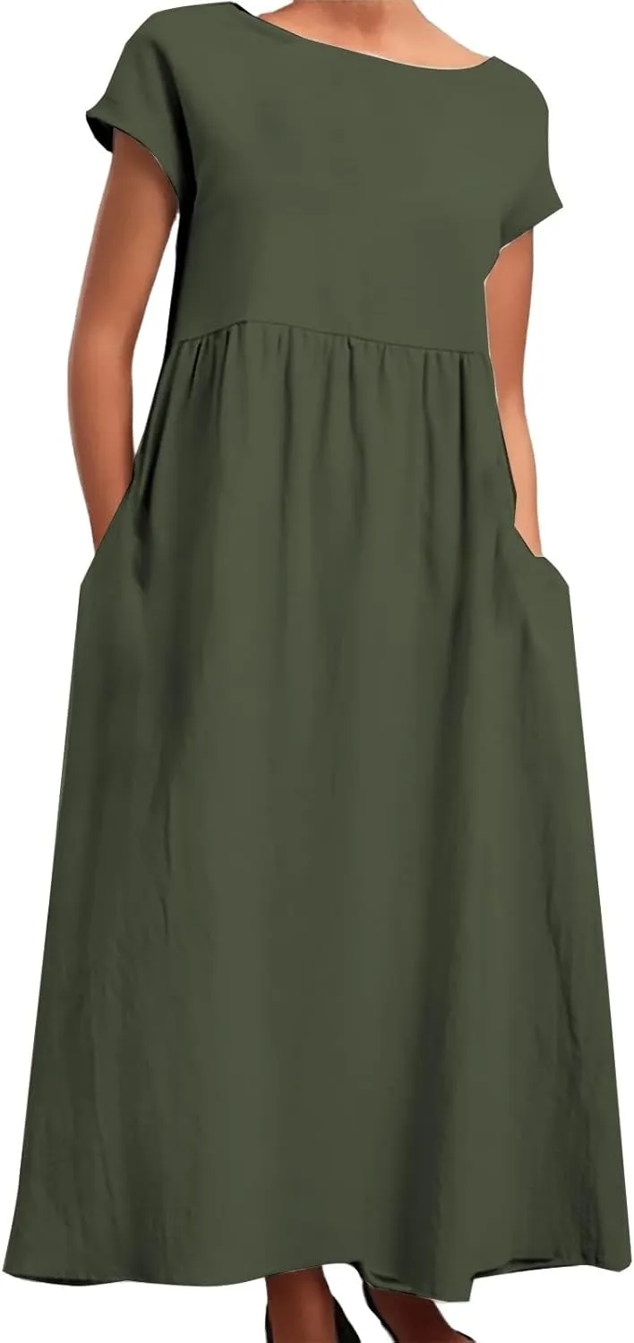 Spring Dresses for Women 2025 Solid Color Sleeveless Loose Linen Dress with Side Pockets