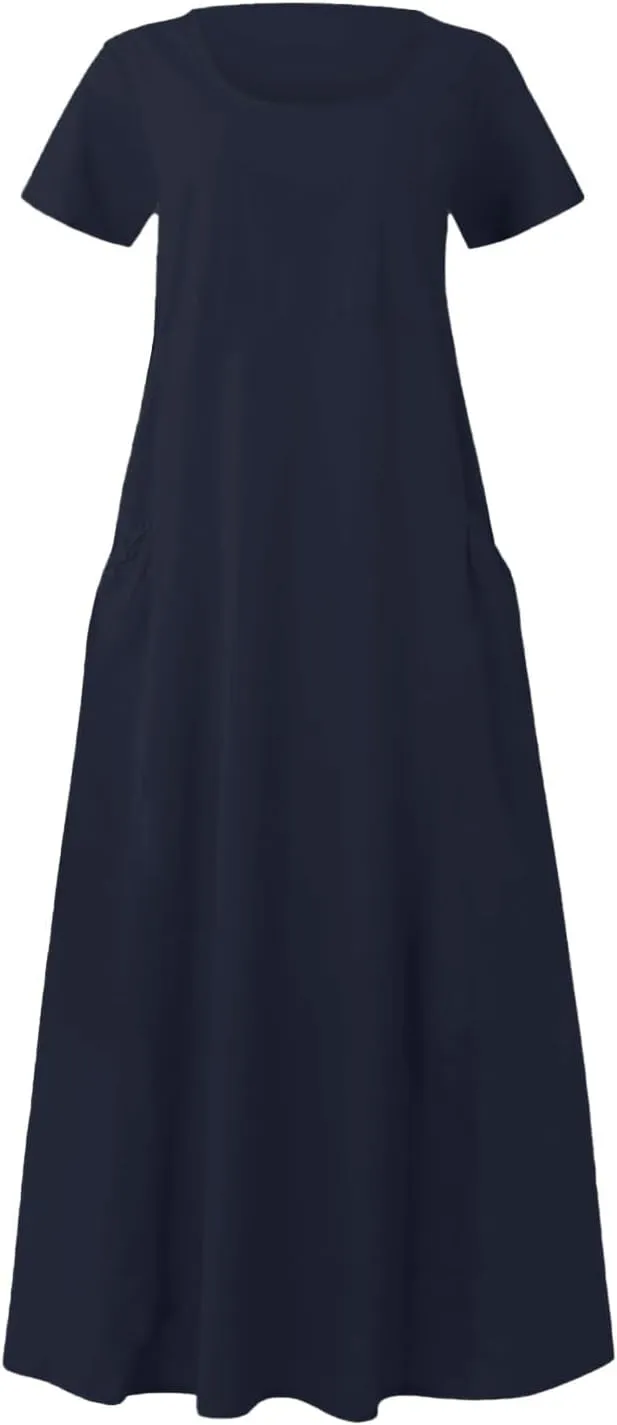 Spring Dresses for Women 2025 Solid Color Sleeveless Loose Linen Dress with Side Pockets
