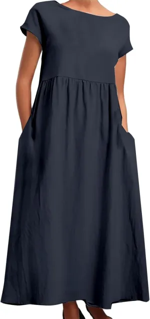 Spring Dresses for Women 2025 Solid Color Sleeveless Loose Linen Dress with Side Pockets