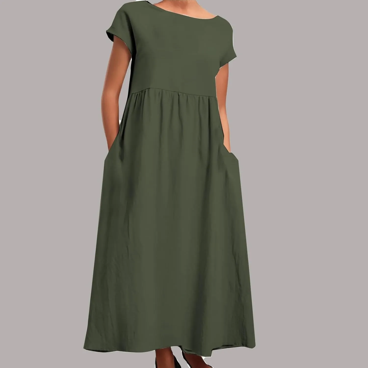 Spring Dresses for Women 2025 Solid Color Sleeveless Loose Linen Dress with Side Pockets