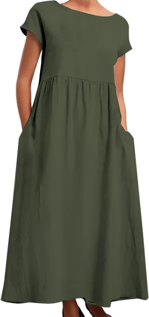 Spring Dresses for Women 2025 Solid Color Sleeveless Loose Linen Dress with Side Pockets