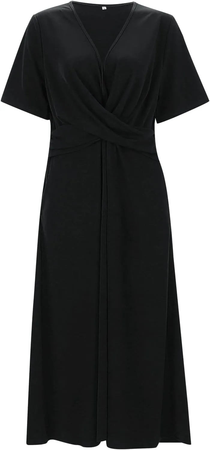 Summer A Line Midi Dresses for Women 2025 Short Sleeve Casual Tiered Dress Beach Vacation Long Sundress with Pockets