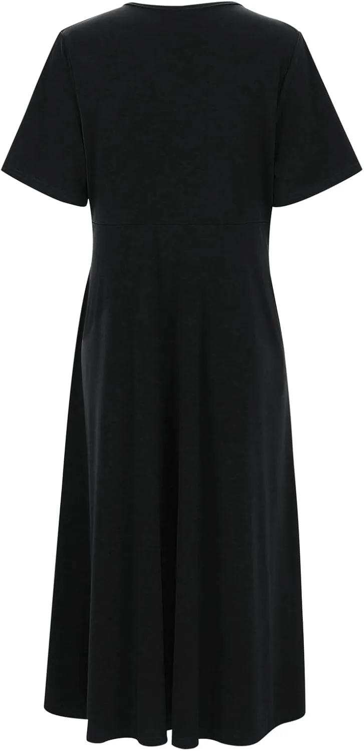 Summer A Line Midi Dresses for Women 2025 Short Sleeve Casual Tiered Dress Beach Vacation Long Sundress with Pockets