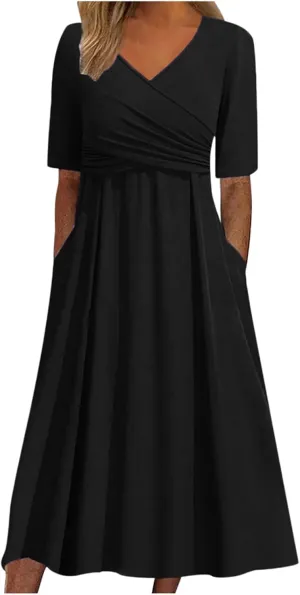 Summer A Line Midi Dresses for Women 2025 Short Sleeve Casual Tiered Dress Beach Vacation Long Sundress with Pockets