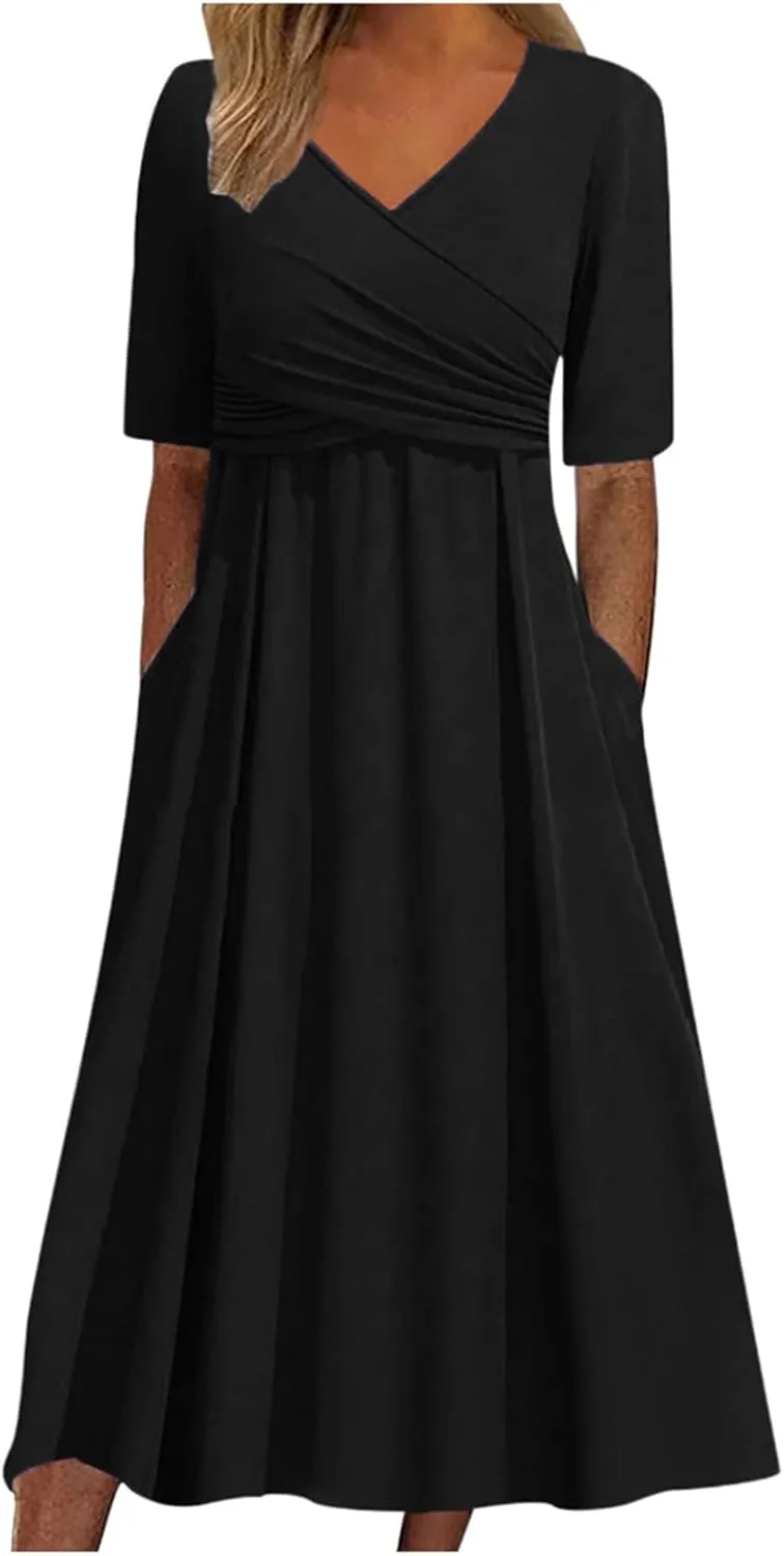 Summer A Line Midi Dresses for Women 2025 Short Sleeve Casual Tiered Dress Beach Vacation Long Sundress with Pockets