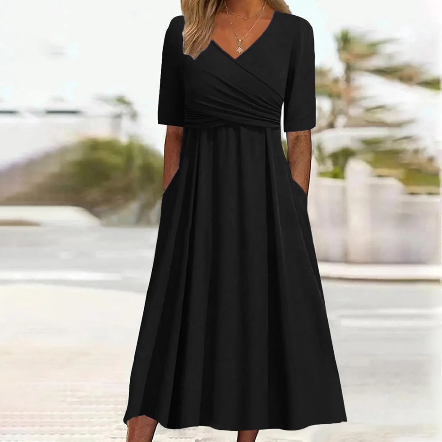 Summer A Line Midi Dresses for Women 2025 Short Sleeve Casual Tiered Dress Beach Vacation Long Sundress with Pockets