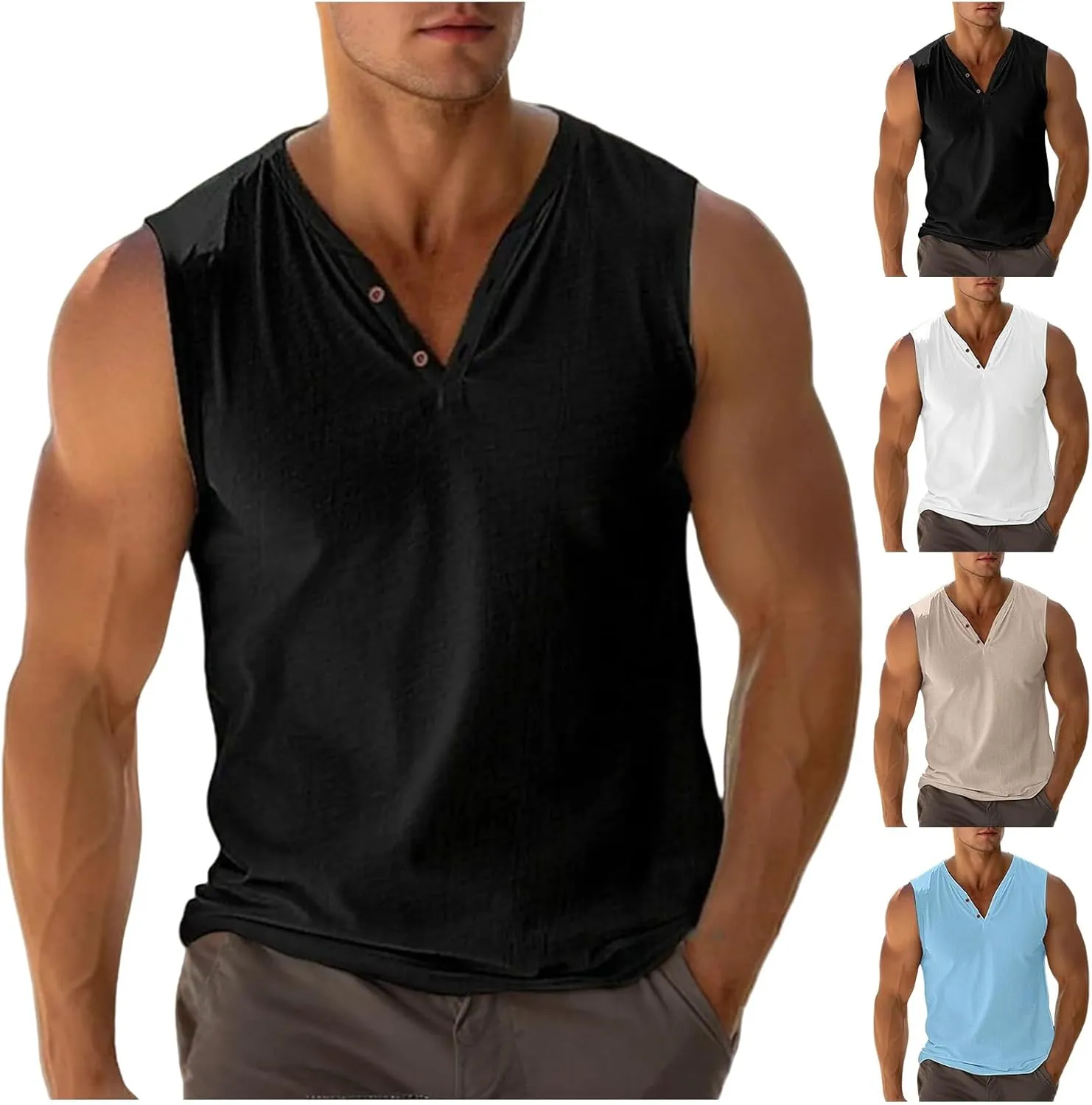 Summer Beach Tank Tops for Men V Neck Sleeveless Muscle Undershirts Solid Color Casual Tees Regular Fit Active Shirts