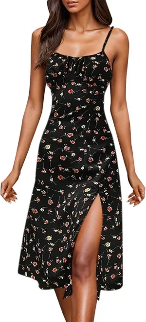 Summer Boho Floral Dress Casual Loose Sleeveless V Neck Tiered Ruffle Beach Maxi Sundress with Pockets