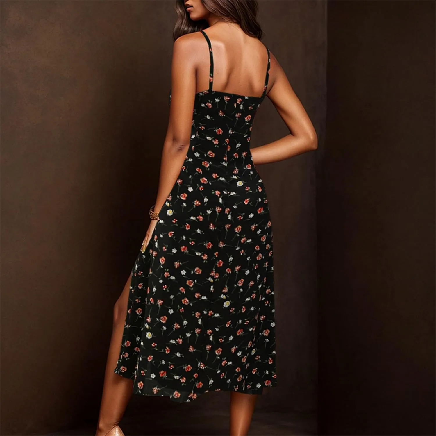 Summer Boho Floral Dress Casual Loose Sleeveless V Neck Tiered Ruffle Beach Maxi Sundress with Pockets
