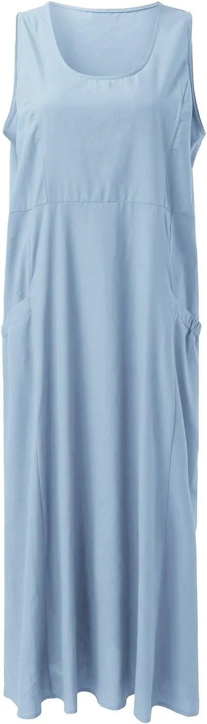 Summer Casual Dress with Pockets Sleeveless V Neck Flowy Boho Maxi Beach Sundress Tiered Ruffle Elastic Waist