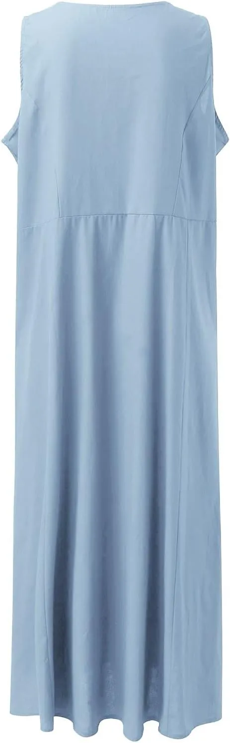 Summer Casual Dress with Pockets Sleeveless V Neck Flowy Boho Maxi Beach Sundress Tiered Ruffle Elastic Waist