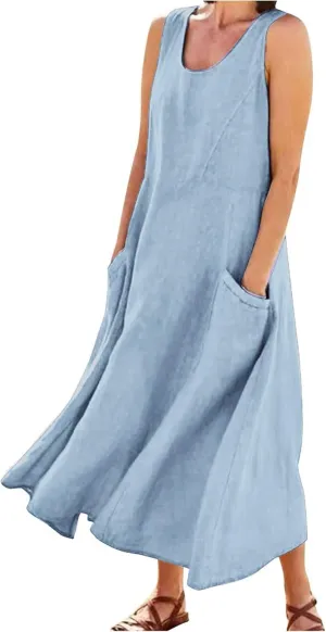 Summer Casual Dress with Pockets Sleeveless V Neck Flowy Boho Maxi Beach Sundress Tiered Ruffle Elastic Waist