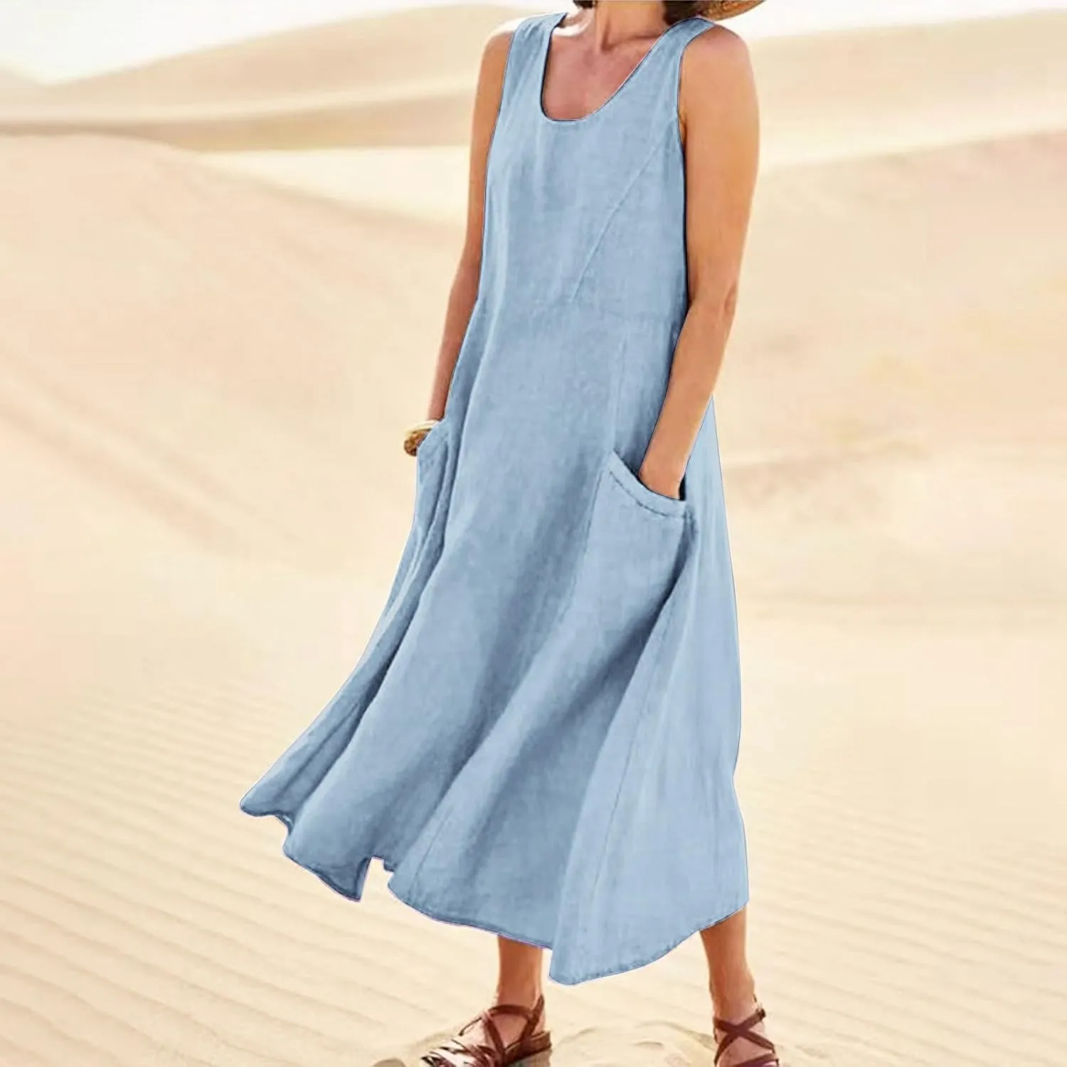 Summer Casual Dress with Pockets Sleeveless V Neck Flowy Boho Maxi Beach Sundress Tiered Ruffle Elastic Waist
