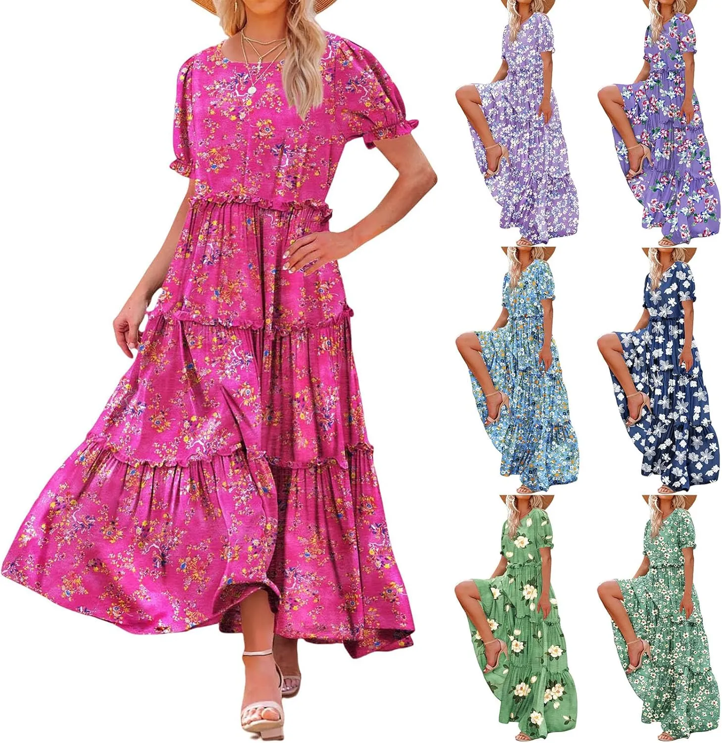 Summer Casual Dresses for Women Boho Floral Puff Sleeve Dress Loose Beach Long Sundress Tiered A-Line Flowy Dress