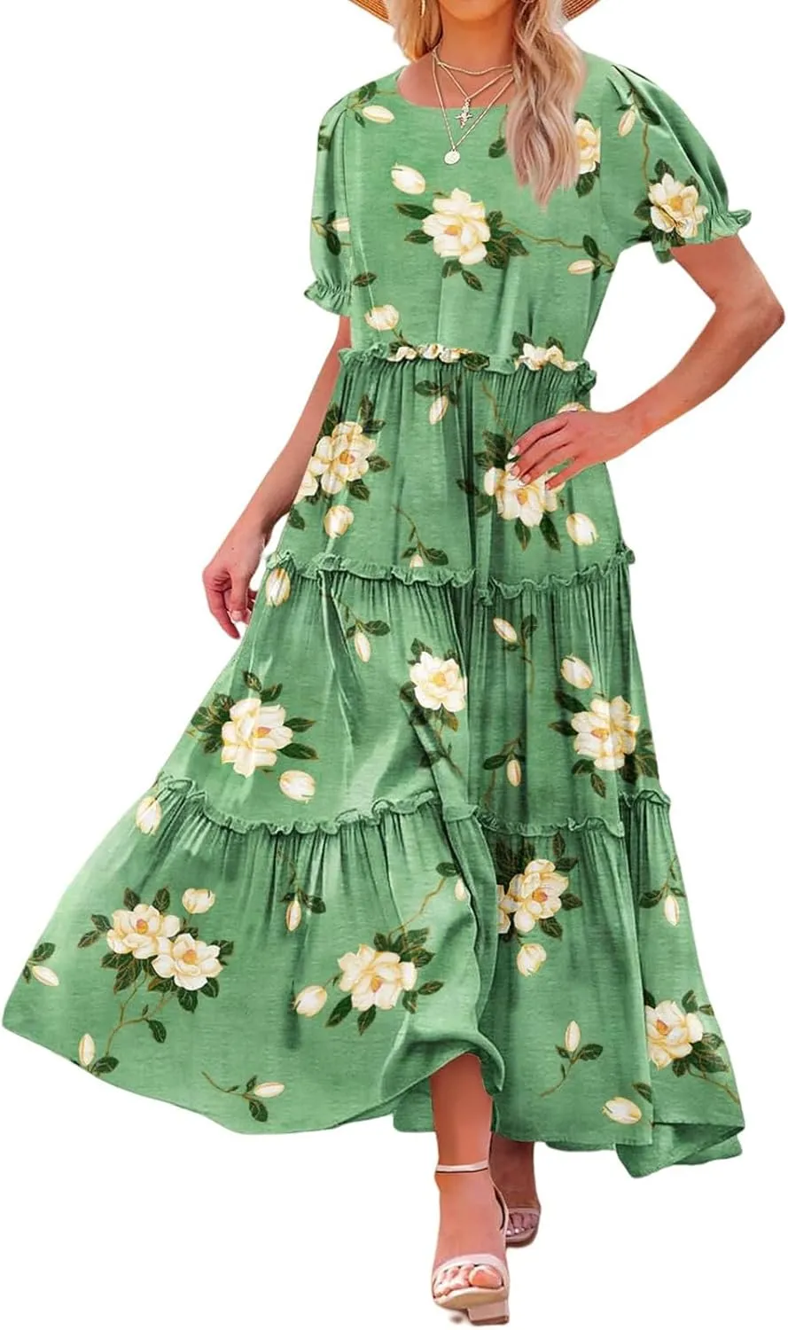 Summer Casual Dresses for Women Boho Floral Puff Sleeve Dress Loose Beach Long Sundress Tiered A-Line Flowy Dress