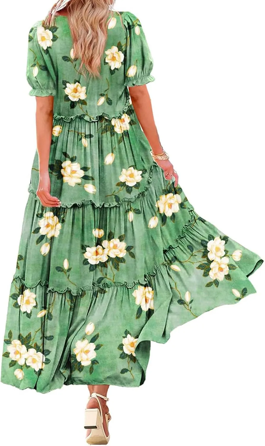 Summer Casual Dresses for Women Boho Floral Puff Sleeve Dress Loose Beach Long Sundress Tiered A-Line Flowy Dress
