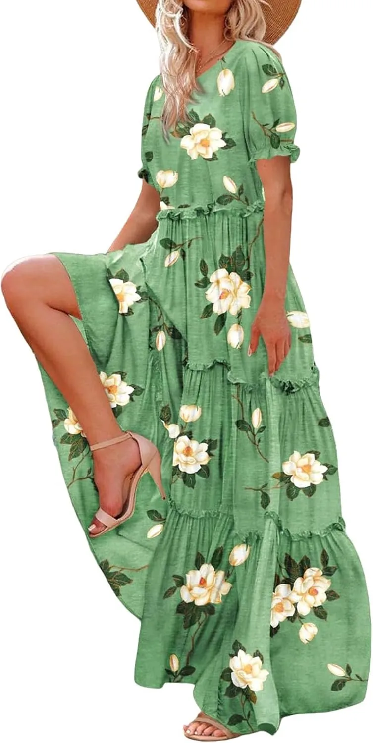Summer Casual Dresses for Women Boho Floral Puff Sleeve Dress Loose Beach Long Sundress Tiered A-Line Flowy Dress