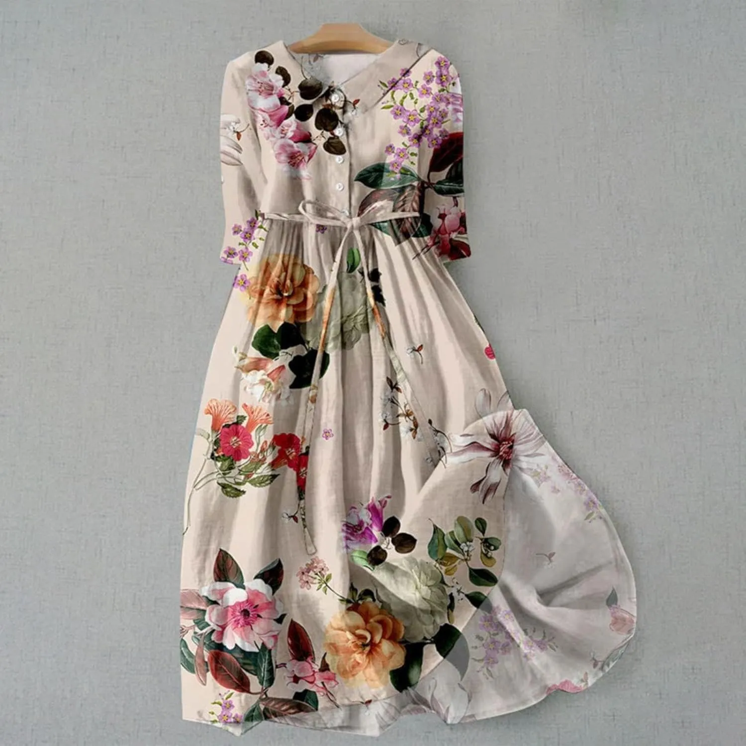 Summer Cotton Linen Dresses for Women 2025 Plus Size 3/4 Sleeve Floral Maxi Dress Elegantes Spring Vacation Dress