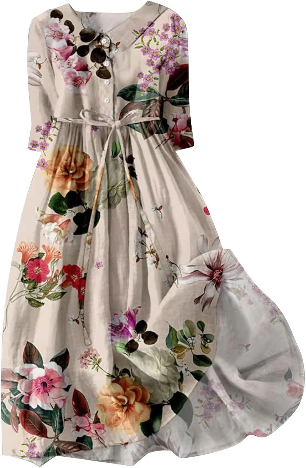 Summer Cotton Linen Dresses for Women 2025 Plus Size 3/4 Sleeve Floral Maxi Dress Elegantes Spring Vacation Dress
