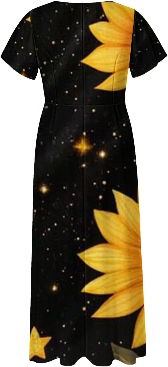 Summer Dress for Women Short Sleeve V-Neck Boho Floral Printed Flowy Swing Sundress Wedding Guest Dresses Long Dress