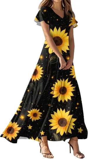 Summer Dress for Women Short Sleeve V-Neck Boho Floral Printed Flowy Swing Sundress Wedding Guest Dresses Long Dress