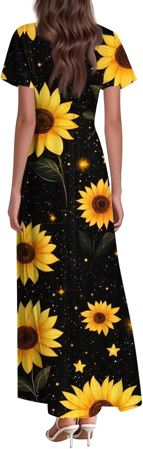 Summer Dress for Women Short Sleeve V-Neck Boho Floral Printed Flowy Swing Sundress Wedding Guest Dresses Long Dress