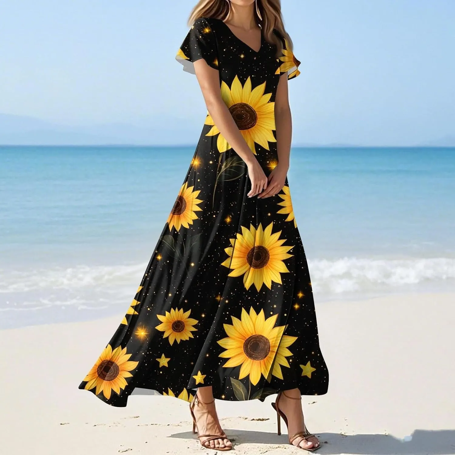 Summer Dress for Women Short Sleeve V-Neck Boho Floral Printed Flowy Swing Sundress Wedding Guest Dresses Long Dress