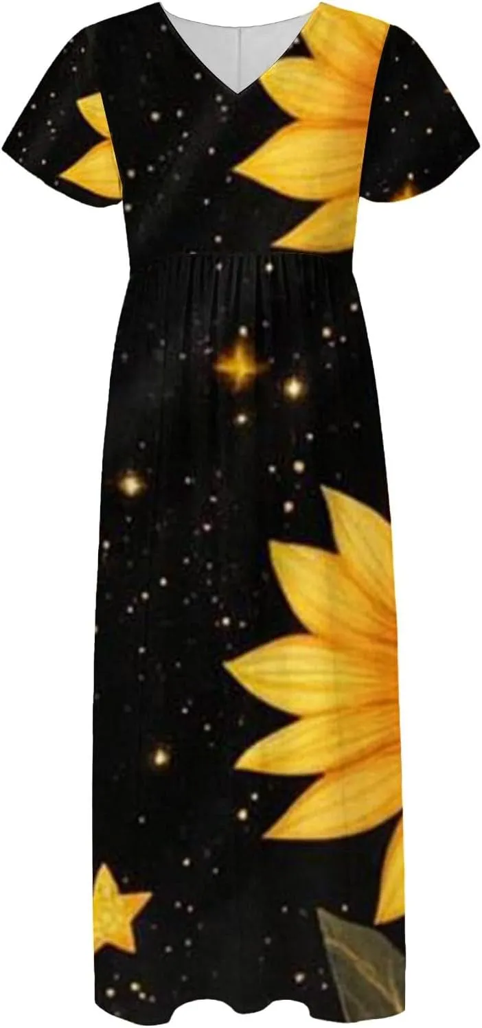 Summer Dress for Women Short Sleeve V-Neck Boho Floral Printed Flowy Swing Sundress Wedding Guest Dresses Long Dress
