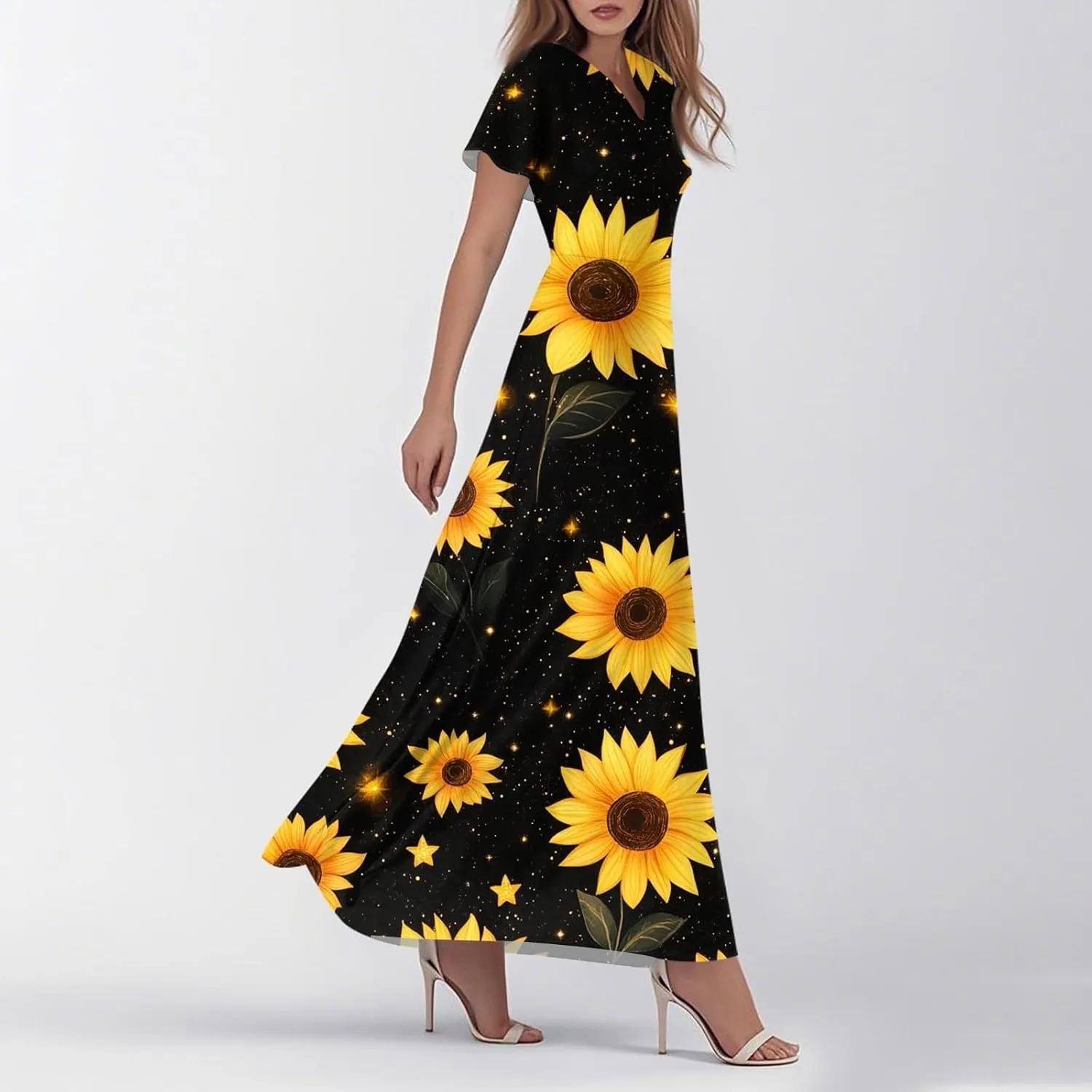 Summer Dress for Women Short Sleeve V-Neck Boho Floral Printed Flowy Swing Sundress Wedding Guest Dresses Long Dress