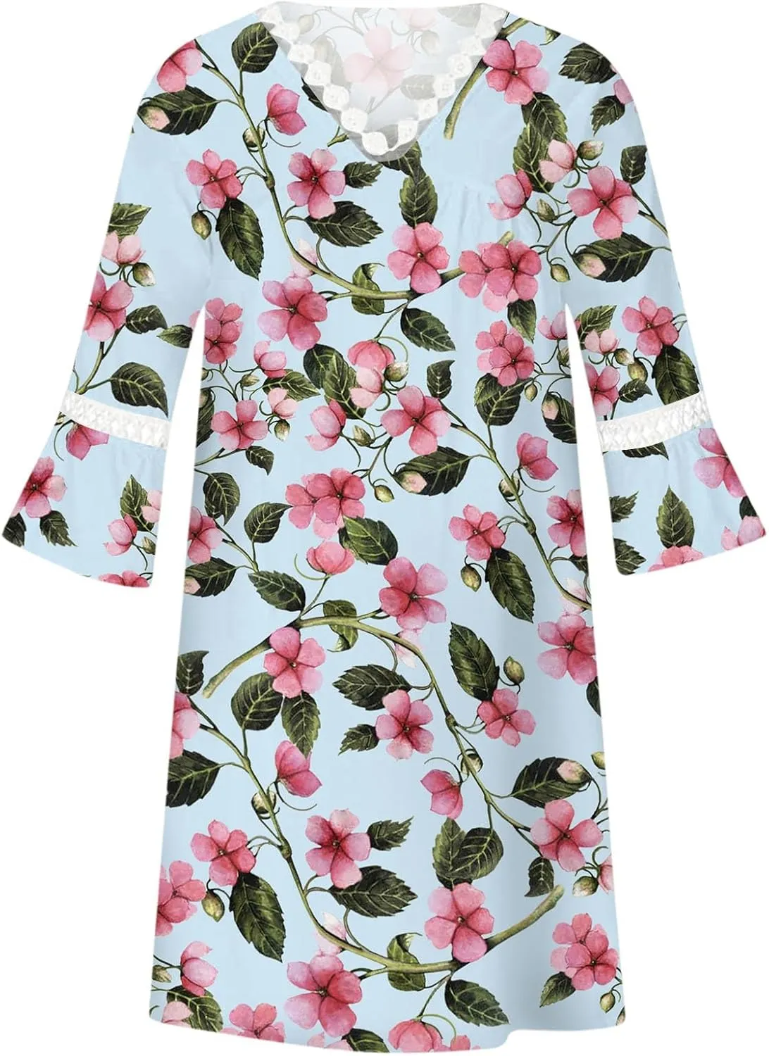 Summer Dresses for Women 2024 Floral Printed Lace Patchwork Mini Dress Casual V Neck Bell Sleeve Beach Boho Dresses