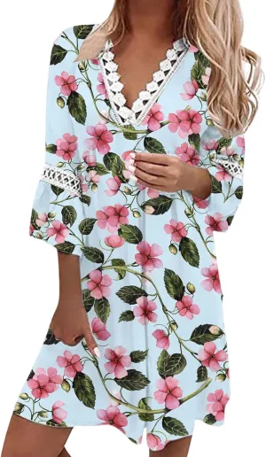 Summer Dresses for Women 2024 Floral Printed Lace Patchwork Mini Dress Casual V Neck Bell Sleeve Beach Boho Dresses