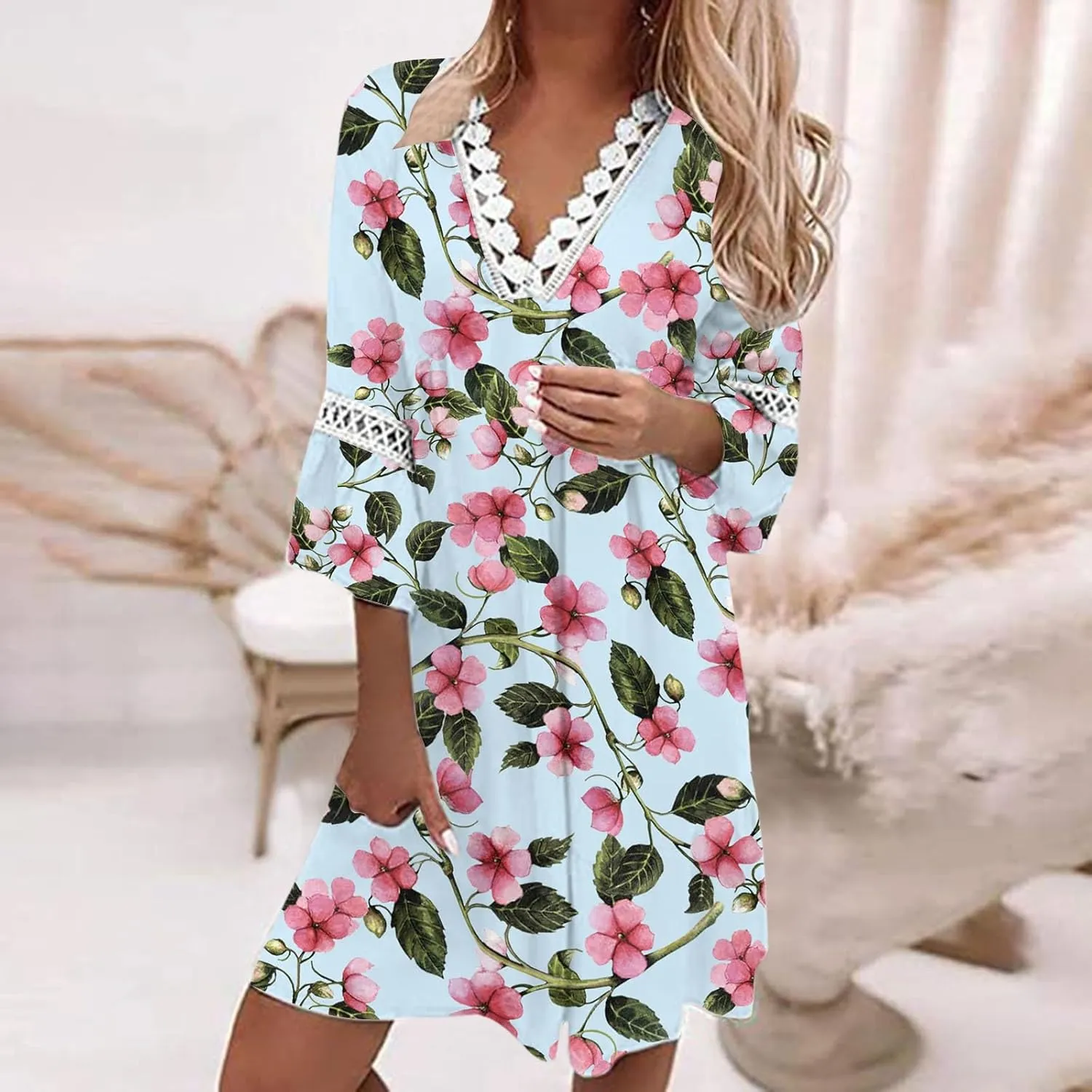 Summer Dresses for Women 2024 Floral Printed Lace Patchwork Mini Dress Casual V Neck Bell Sleeve Beach Boho Dresses