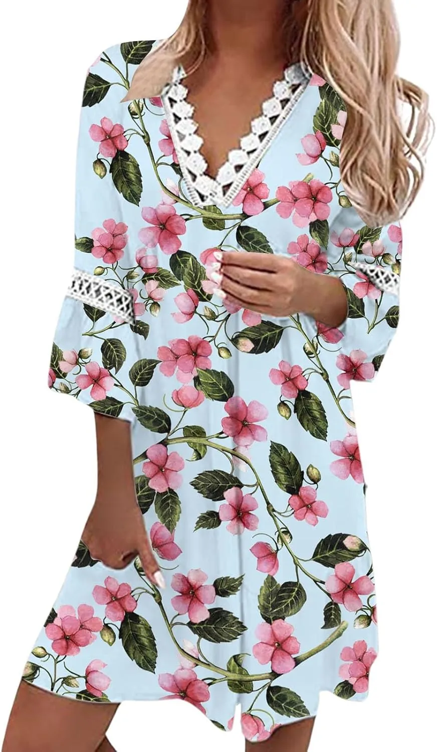 Summer Dresses for Women 2024 Floral Printed Lace Patchwork Mini Dress Casual V Neck Bell Sleeve Beach Boho Dresses