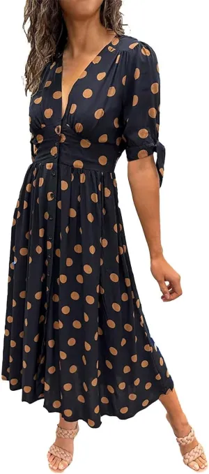 Summer Dresses for Women 2024 Wrap V Neck Short Sleeve High Waist Floral Flowy A Line Polka Dot Midi Short Boho Dresses